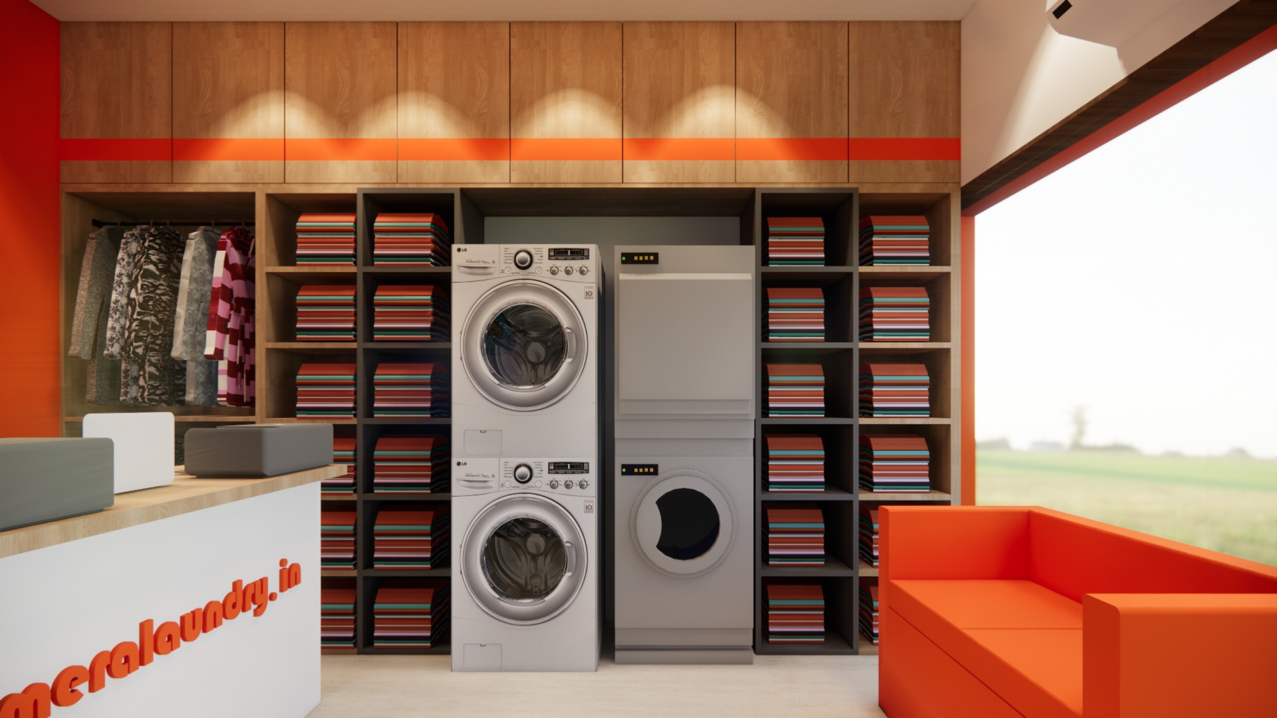 Modern Mera Laundry Store Interior with Orange Branding